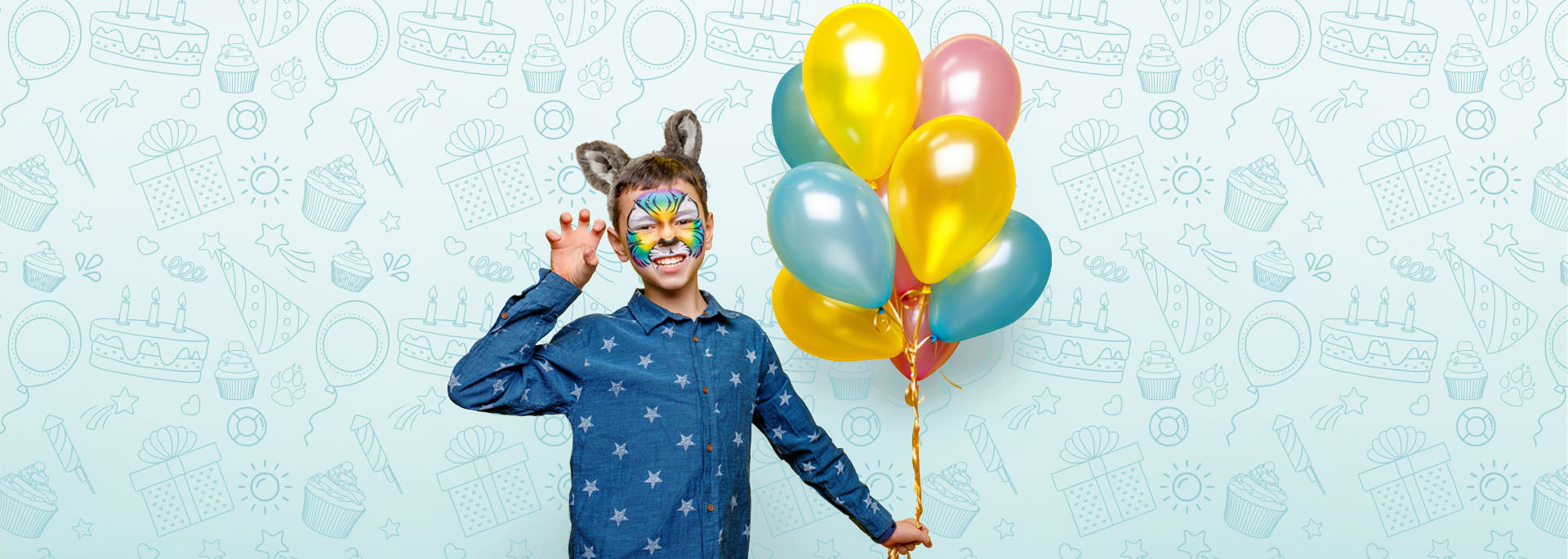 child with face paint and wolf ears holds blue, pink and yellow balloons 